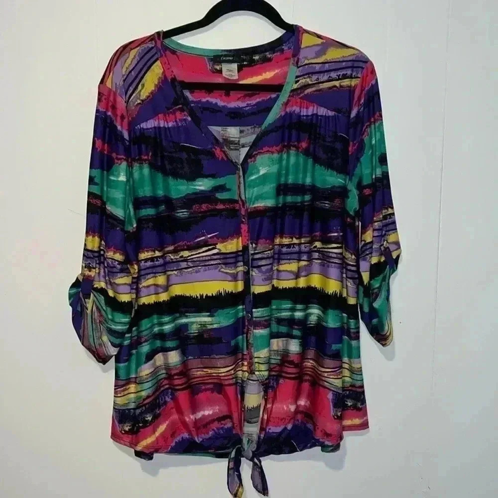 Cocomo Women’s Top Green Striped Stretch Colorful Y2K Tie Front